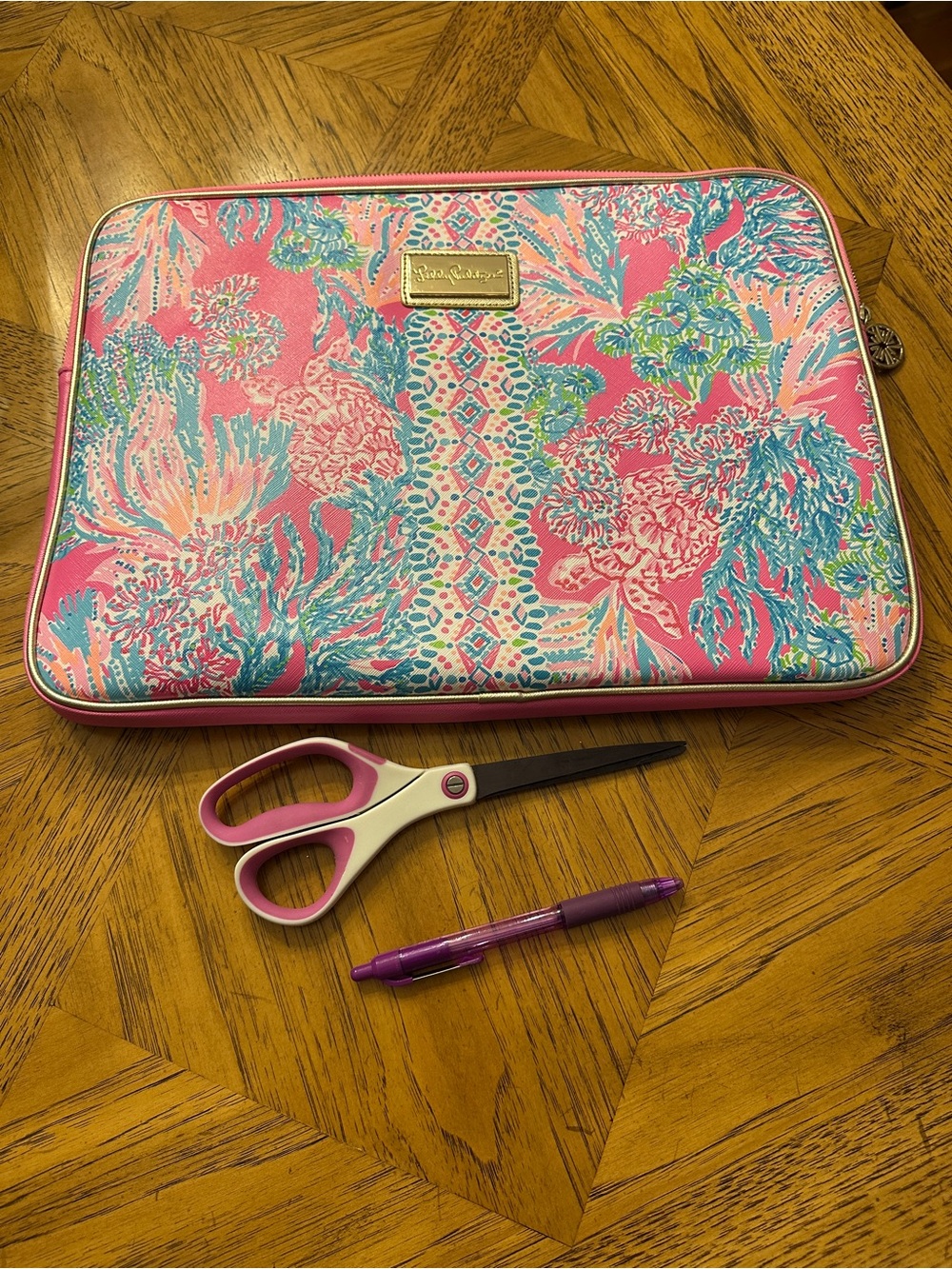 Lilly Pulitzer Pink Aqua Coral Patterned Cosmetic Pouch
